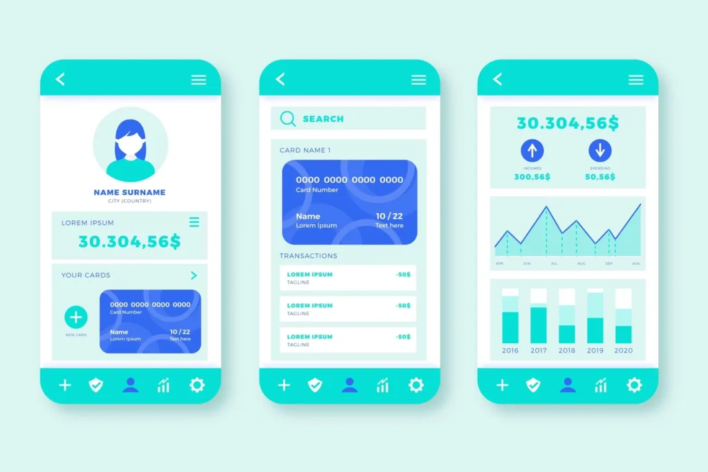 User interface of a personal finance app showing profile, card details, transactions, and spending graphs.
