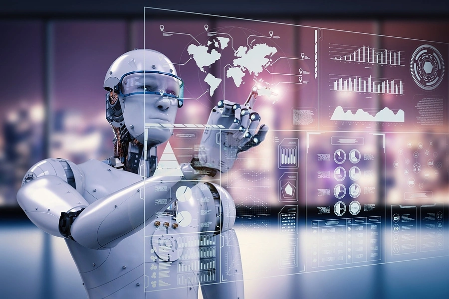 Robot interacting with futuristic digital financial charts and world maps symbolizing robo-advisors in wealth management.