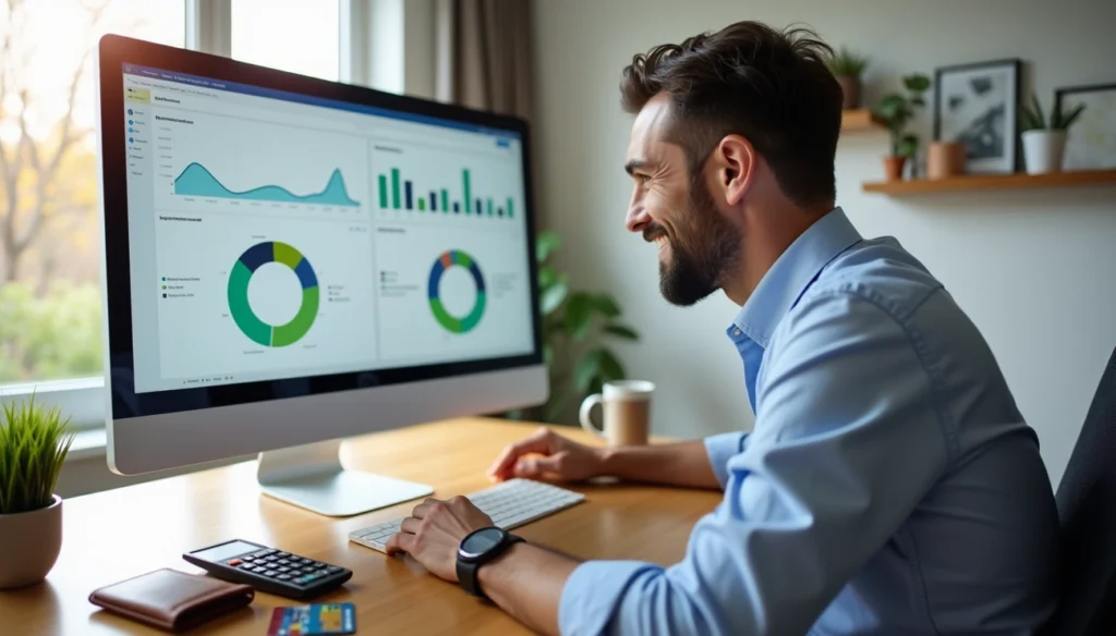 Man analyzes financial charts and graphs on a desktop computer in a home office setting.
