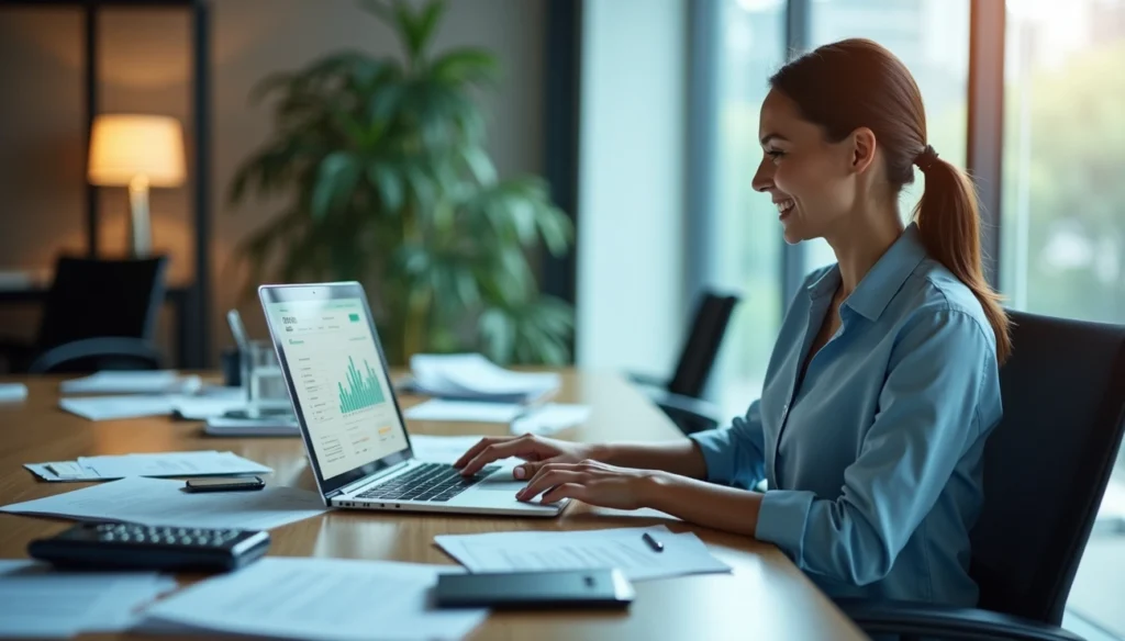 Woman in office working on laptop displaying financial data and graphs with documents spread on the table.