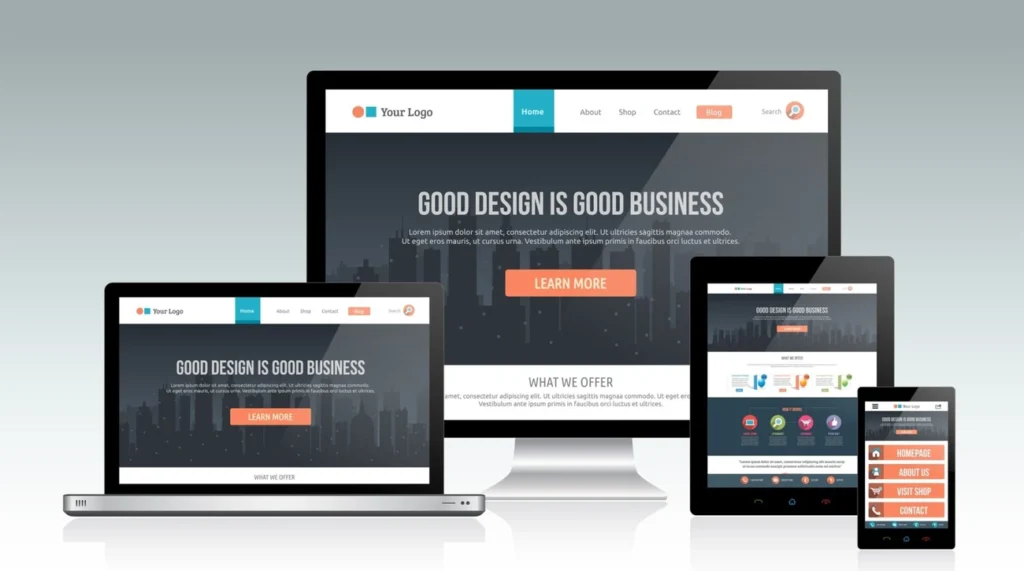 Responsive website design displayed on desktop, laptop, tablet, and smartphone screens with a New York theme. Ecommerce Website Development New York: Local Business Guide 2025