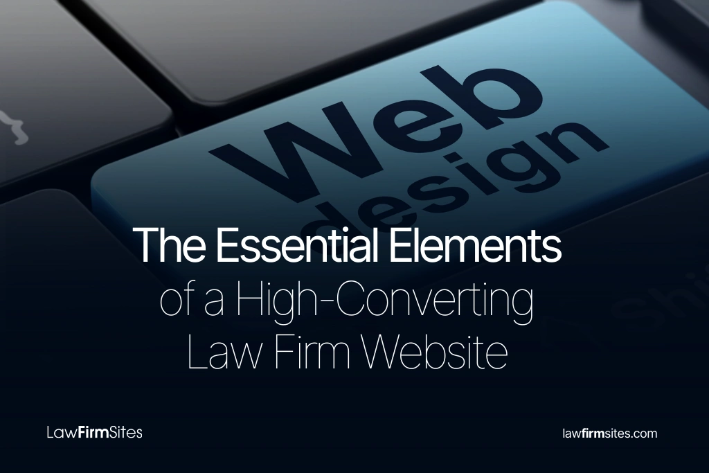 Close-up of a keyboard key labeled 'Web design' with text about essential elements for high-converting law firm websites.