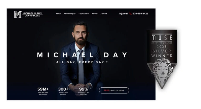 Michael Day Law Firm homepage showing case stats and a 2023 Muse Creative Awards Silver Winner badge.