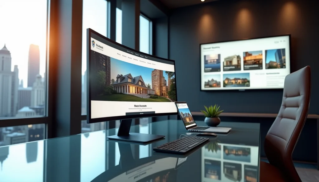 Modern office setup with multiple screens displaying real estate websites featuring homes and urban buildings at sunset.