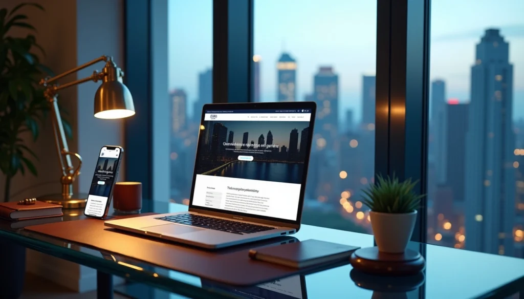 Modern workspace with laptop and smartphone displaying a lawyer website against a city skyline at dusk in NYC