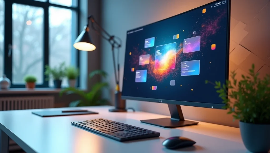 Modern workspace with a computer displaying colorful AI presentation software interface on screen and desk accessories