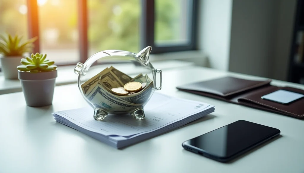 Clear piggy bank with cash and coins sitting on documents beside a smartphone and wallet on a bright desk