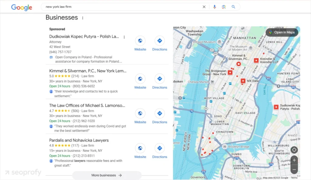 Google search results and map showing top New York law firms with ratings, reviews, and contact details for local SEO guidance.